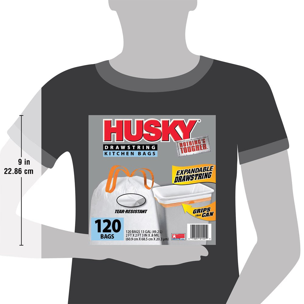 Husky Tall Kitchen Trash Bags, 13 Gallon, 120 Bags (Expandable Drawstring)  